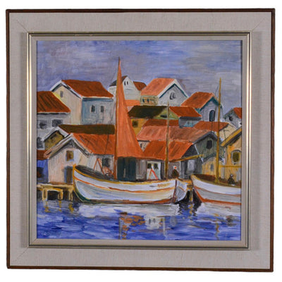 fishing village with boats in foreground. unidentified artist